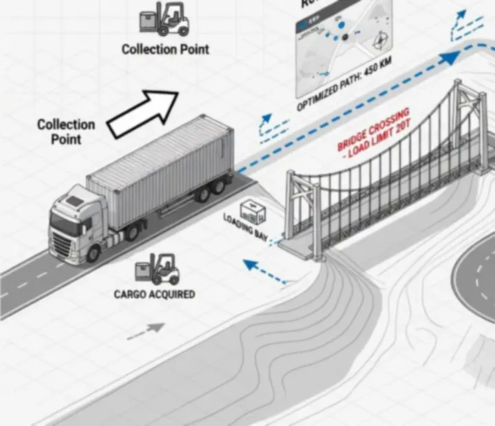 Technikai ábra és útvonal-diagram, amely a rakományszállítás folyamatát mutatja teherautó szimulátor játékban.