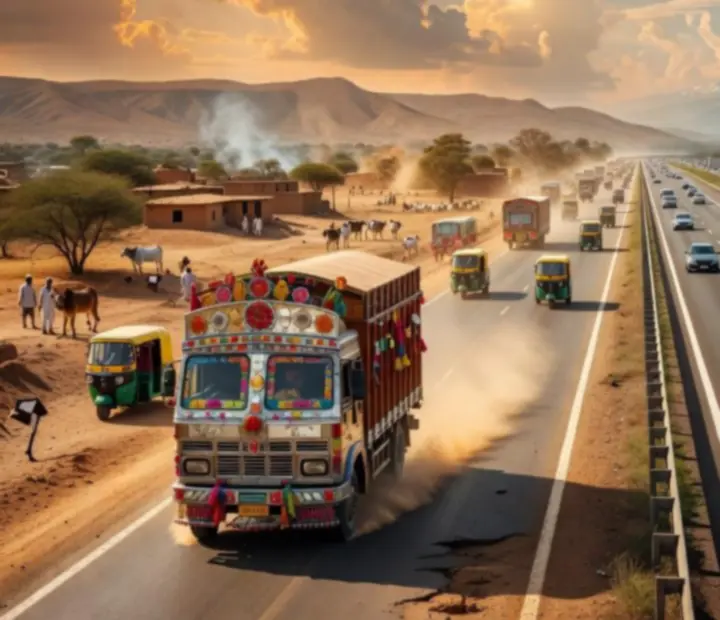 Indian cargo truck és európai kamion egymás mellett, poros országút és autópálya háttérrel