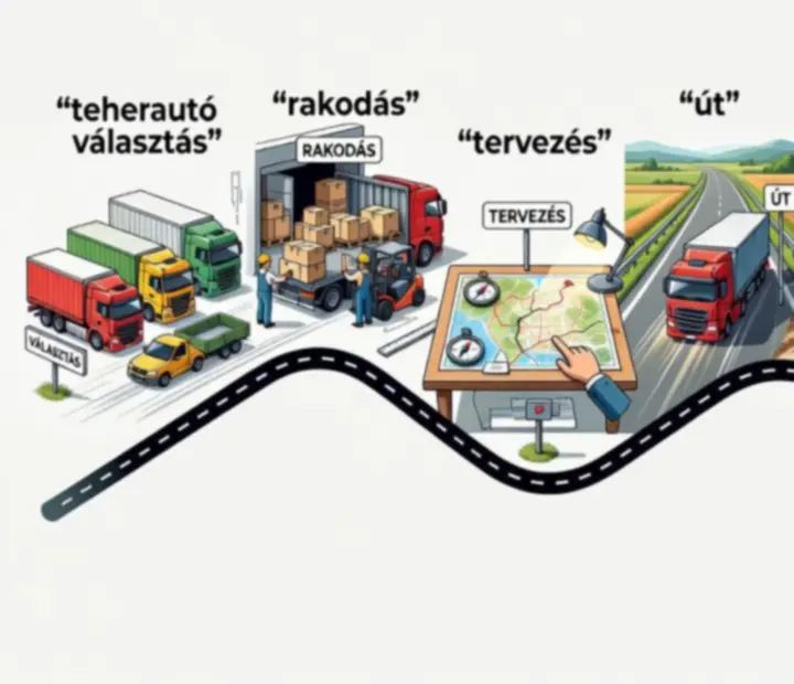 Vízszintes, útjelzésre emlékeztető idővonal, amely egy teherautós szállítási küldetés teljes útját ábrázolja