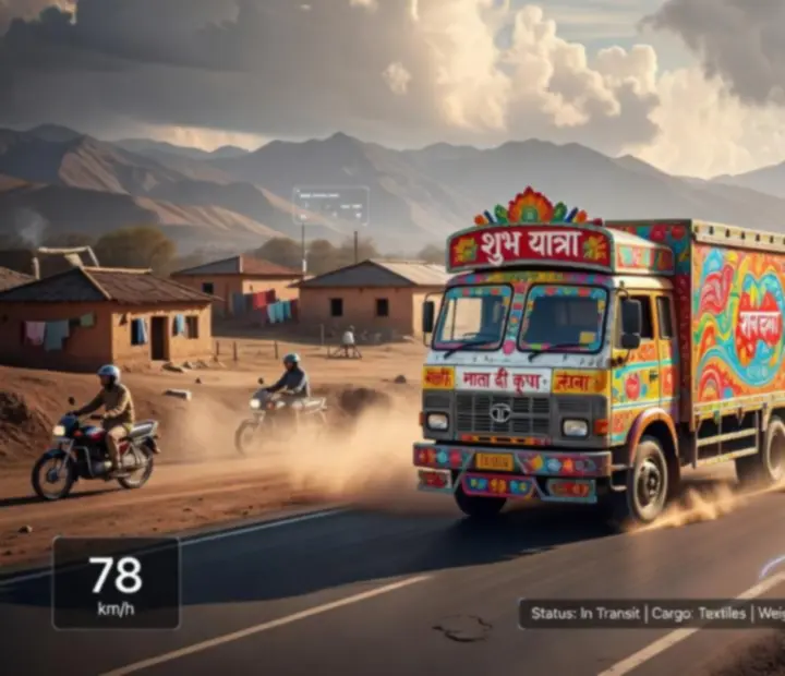 Indian Truck Simulator 2023 – díszített indiai teherautó poros országúton, háttérben hegyekkel és falvakkal.