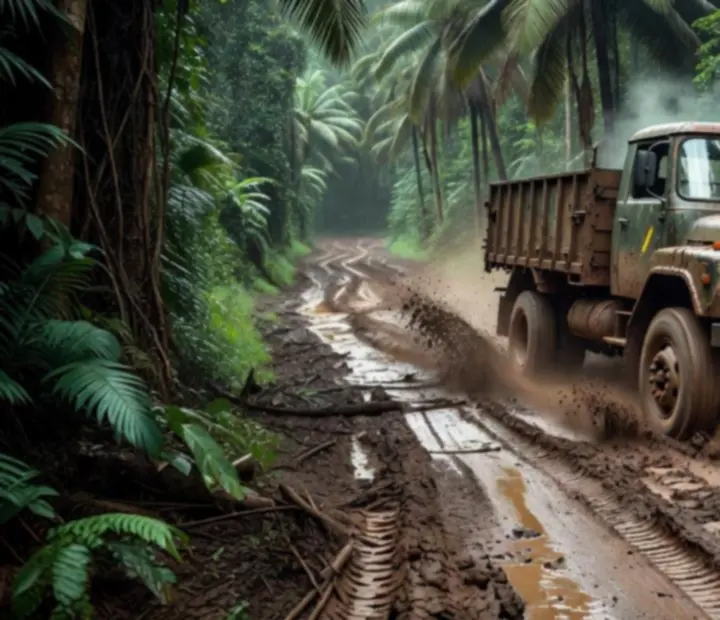 Színes indiai teherautó mély sárban, offroad hegyi úton