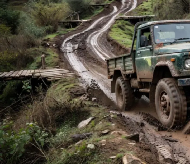 Teherautó mély sárban offroad terepen, szűk híd és hegyoldal között.