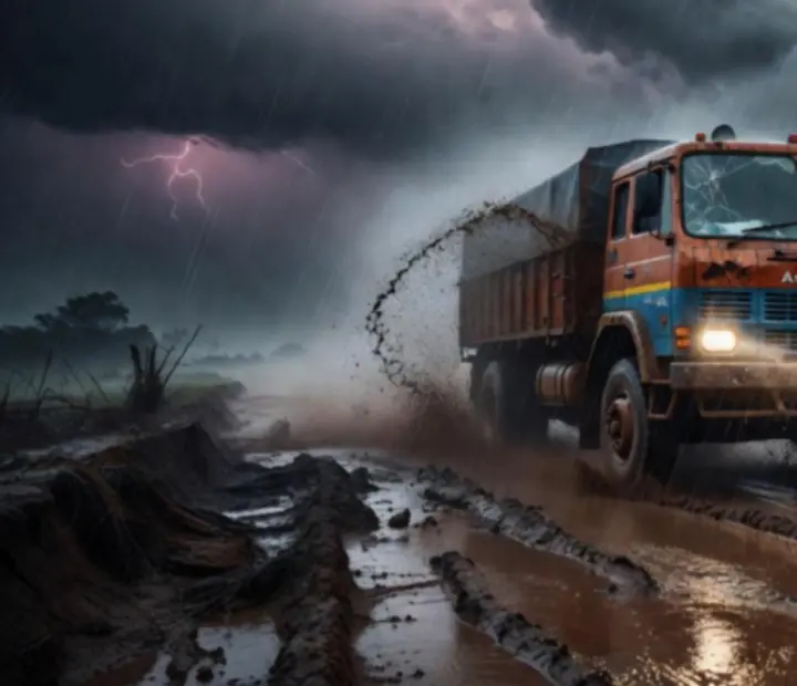 Offroad teherautó monszunesőben, sárfelhők és vízátfolyások között