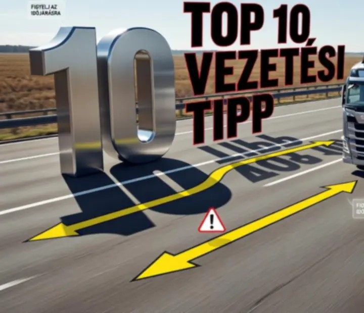 Magazinszerű spread Top 10 teherautó-vezetési tippel, nagy sorszámokkal és teherautó fotókkal.