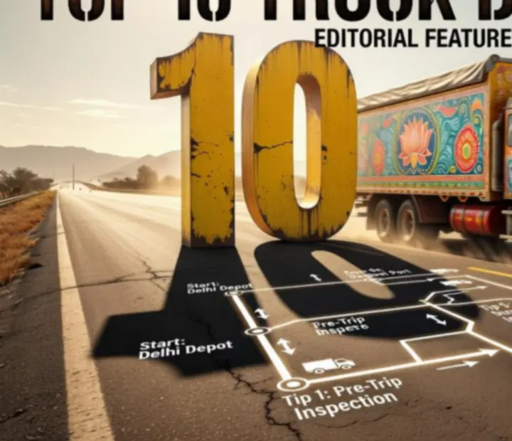 Szerkesztett magazin stílusú grafika top 10 teherautó-vezetési tipphez, útvonal-diagrammal és teherautó sziluettekkel.